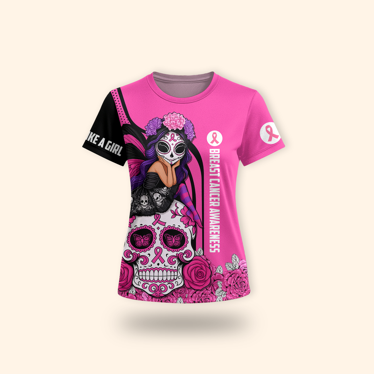 Breast Cancer Awareness Gothic Fairy on Sugar Skull "Fight Like A Girl"