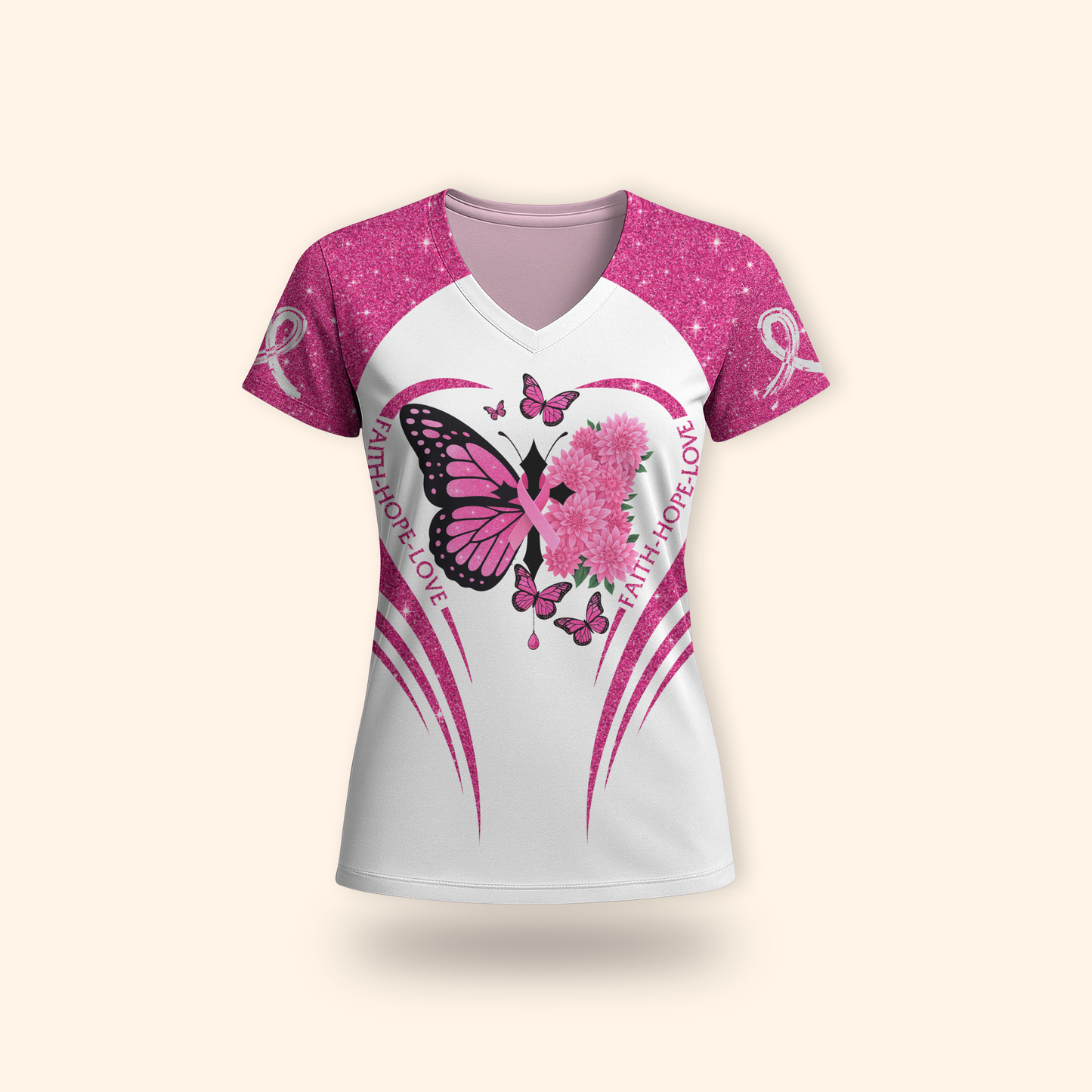 Faith Hope Love Cross-Marked Butterfly - Breast Cancer Awareness Shirt