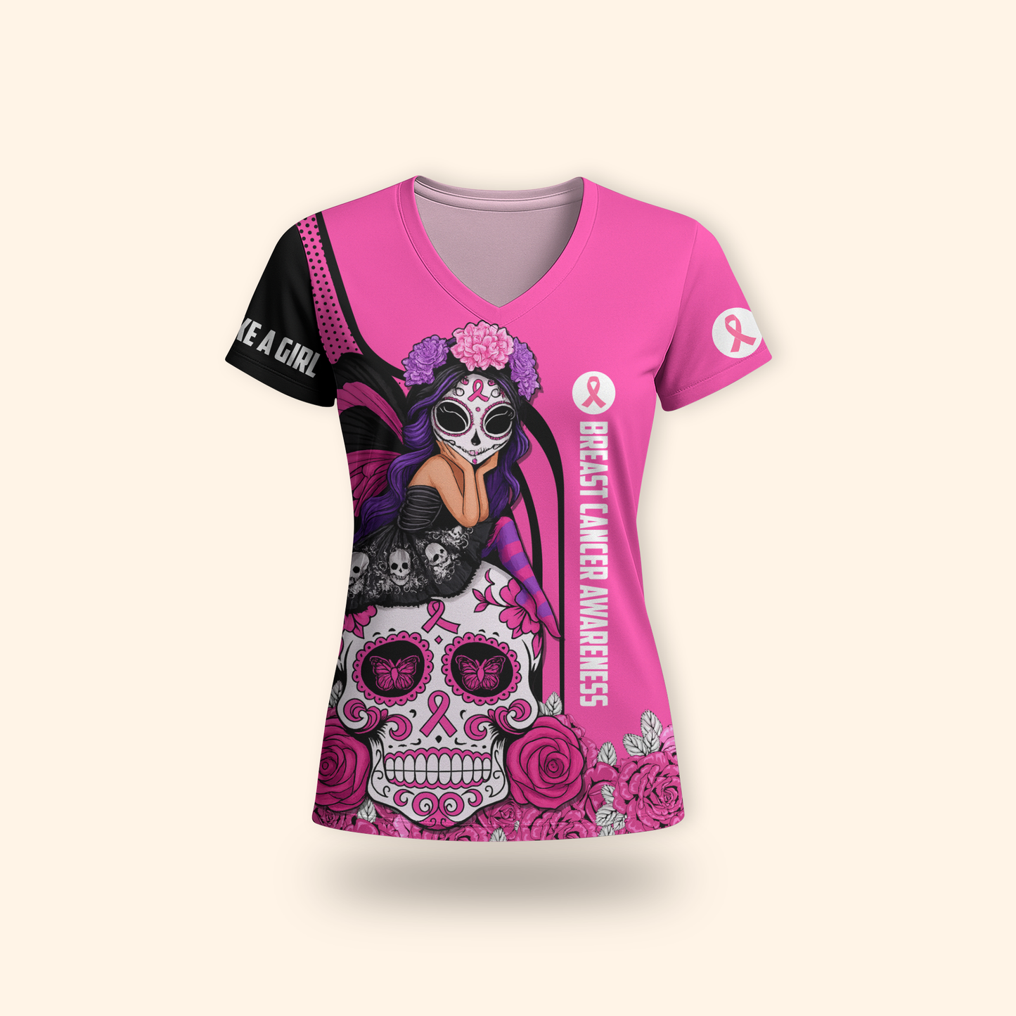 Breast Cancer Awareness Gothic Fairy on Sugar Skull "Fight Like A Girl"