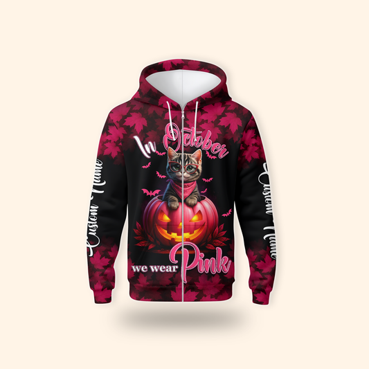 In October We Wear Pink Cat Hoodie – Halloween Pumpkin Breast Cancer Awareness Sweatshirt, Custom Choo