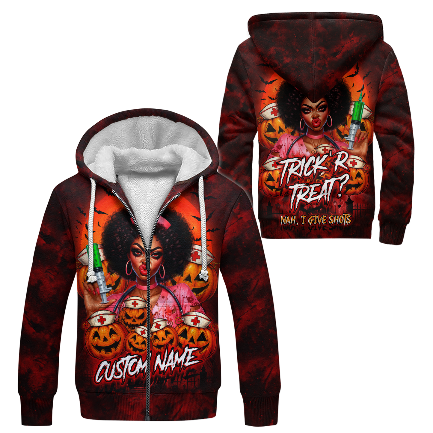 Trick or Treat Hoodie – Funny Halloween Nurse Costume – Custom Name Zip Up Hoodie, Custom Choo