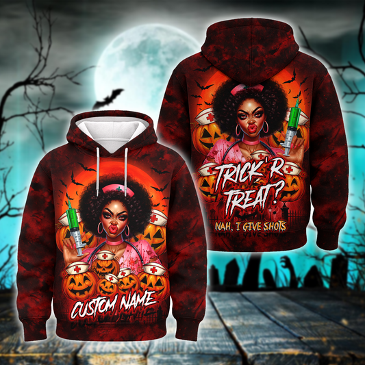 Trick or Treat Hoodie – Funny Halloween Nurse Costume – Custom Name Zip Up Hoodie, Custom Choo