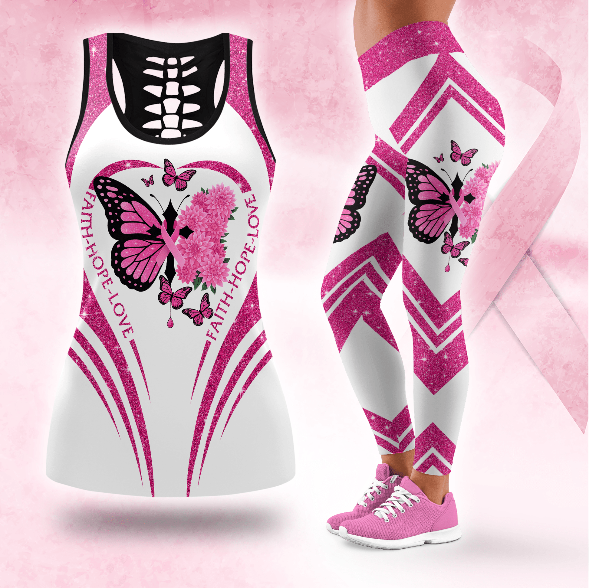 Faith Hope Love Cross-Marked Butterfly -  Combo Legging Tanktop Breast Cancer Awareness, Custom Choo