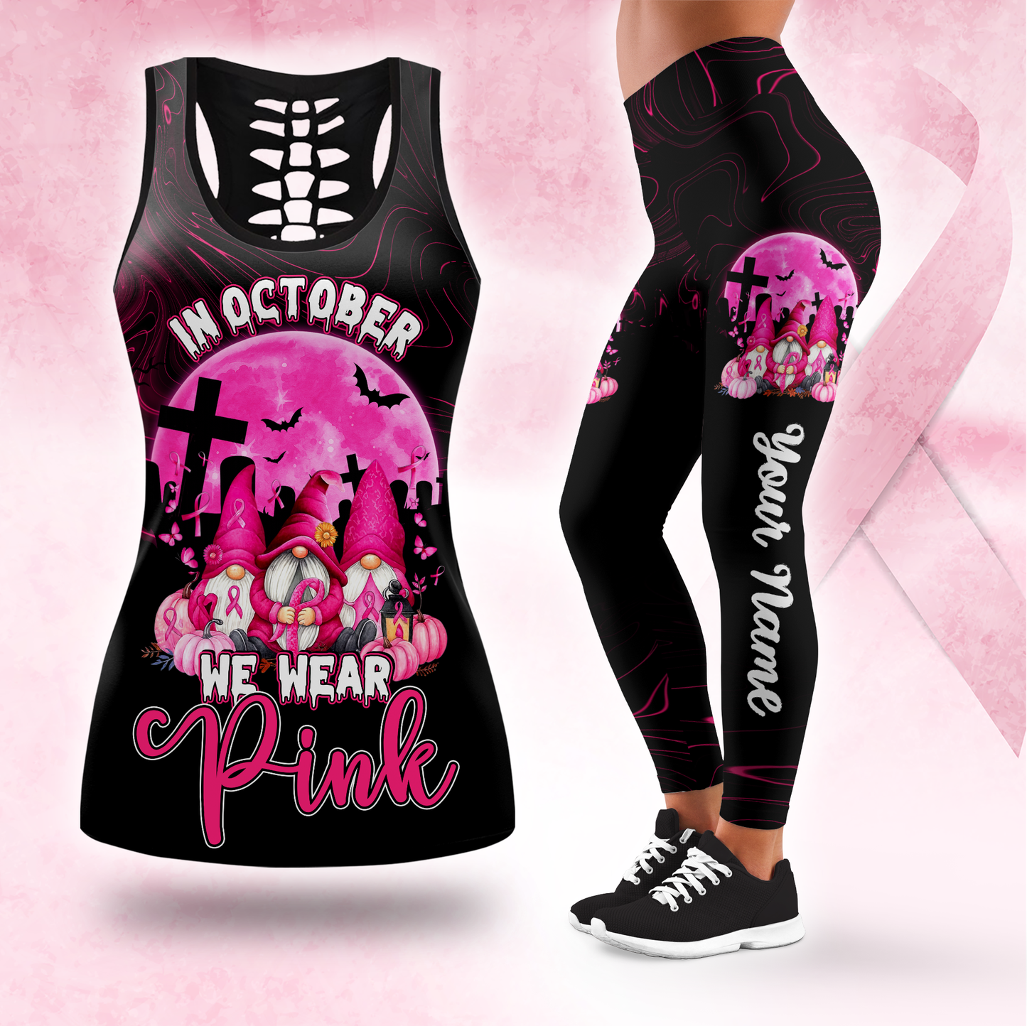 Personalized "In October We Wear Pink" Gnomes Leggings and Tank Top Set, Custom Choo