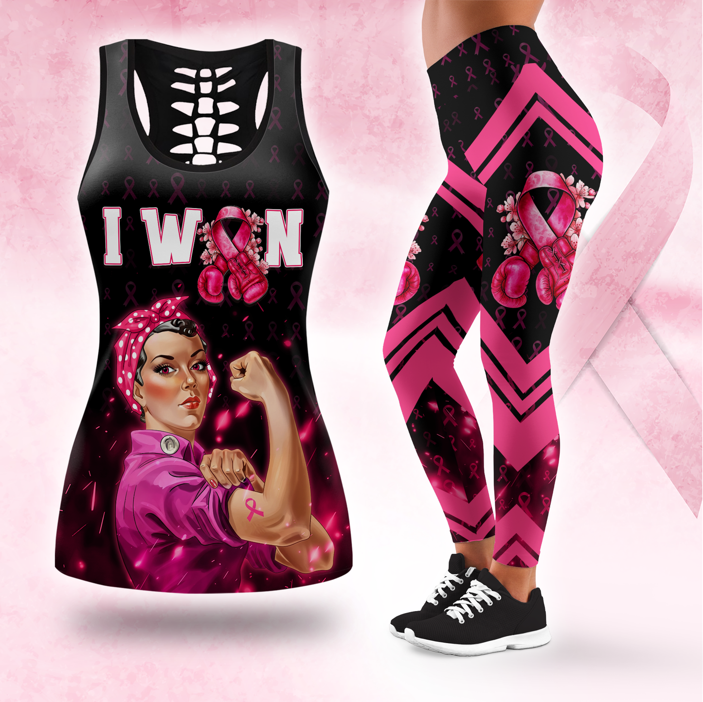 "I Won" Pink Ribbon Fighter Rosie the Riveter Leggings and Tank Outfit