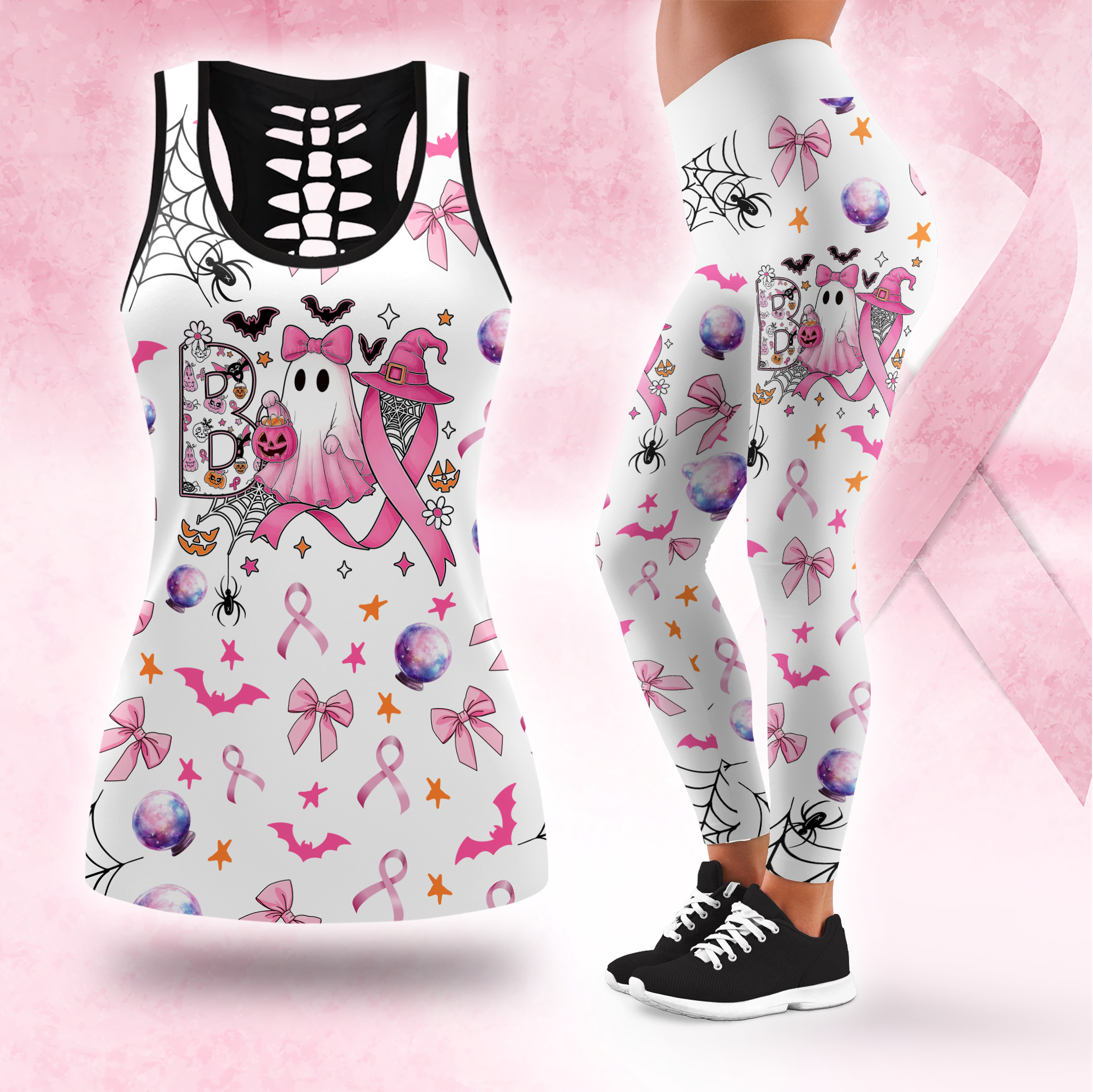 Pink Ribbon Ghost "Boo" Hollow Tank and Leggings Combo, Custom Choo