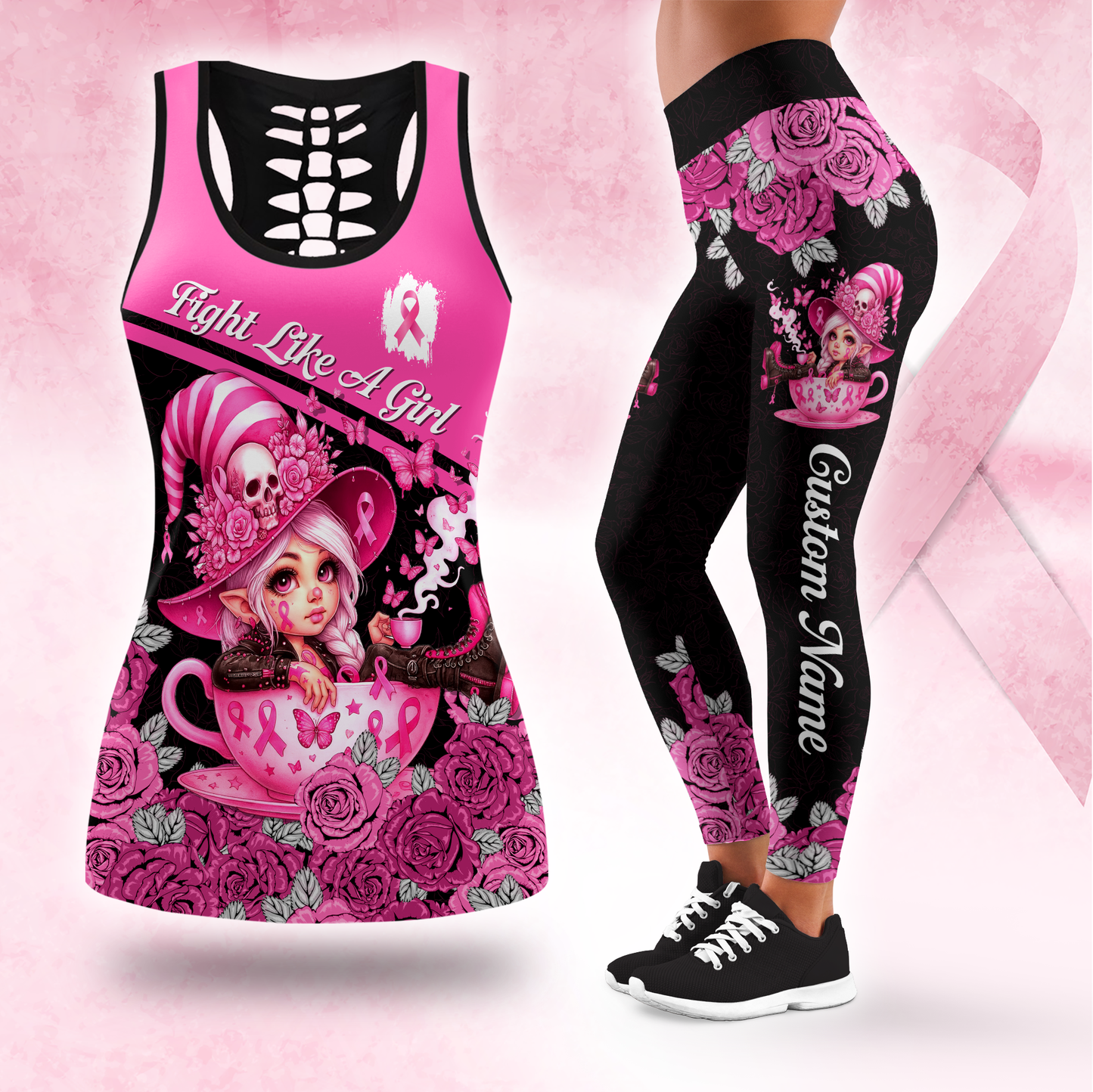 Personalized "Fight Like A Girl" Breast Cancer Awareness Hollow Tank Top and Leggings Set, Custom Choo