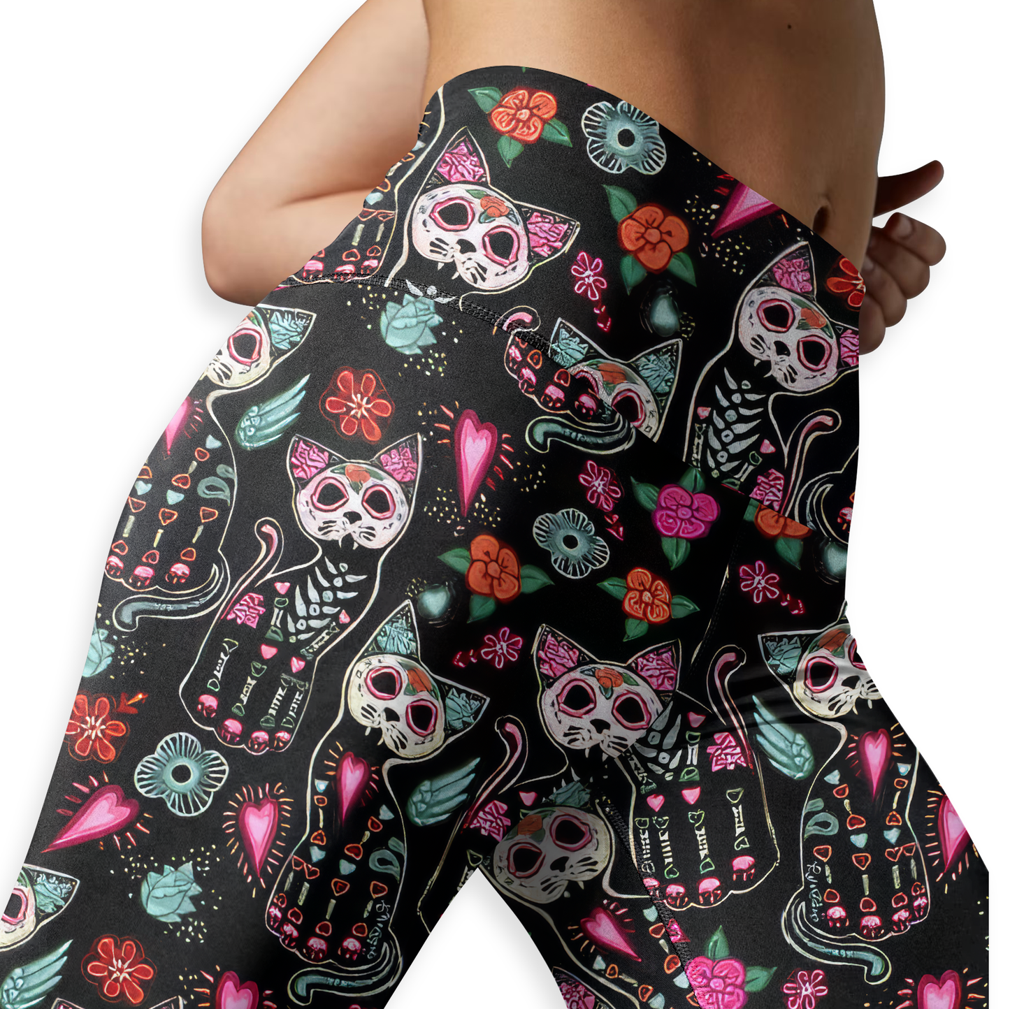 Sugar Skull Cat Leggings & Tank Top Set – Day of the Dead Workout Outfit for Women, Custom Choo