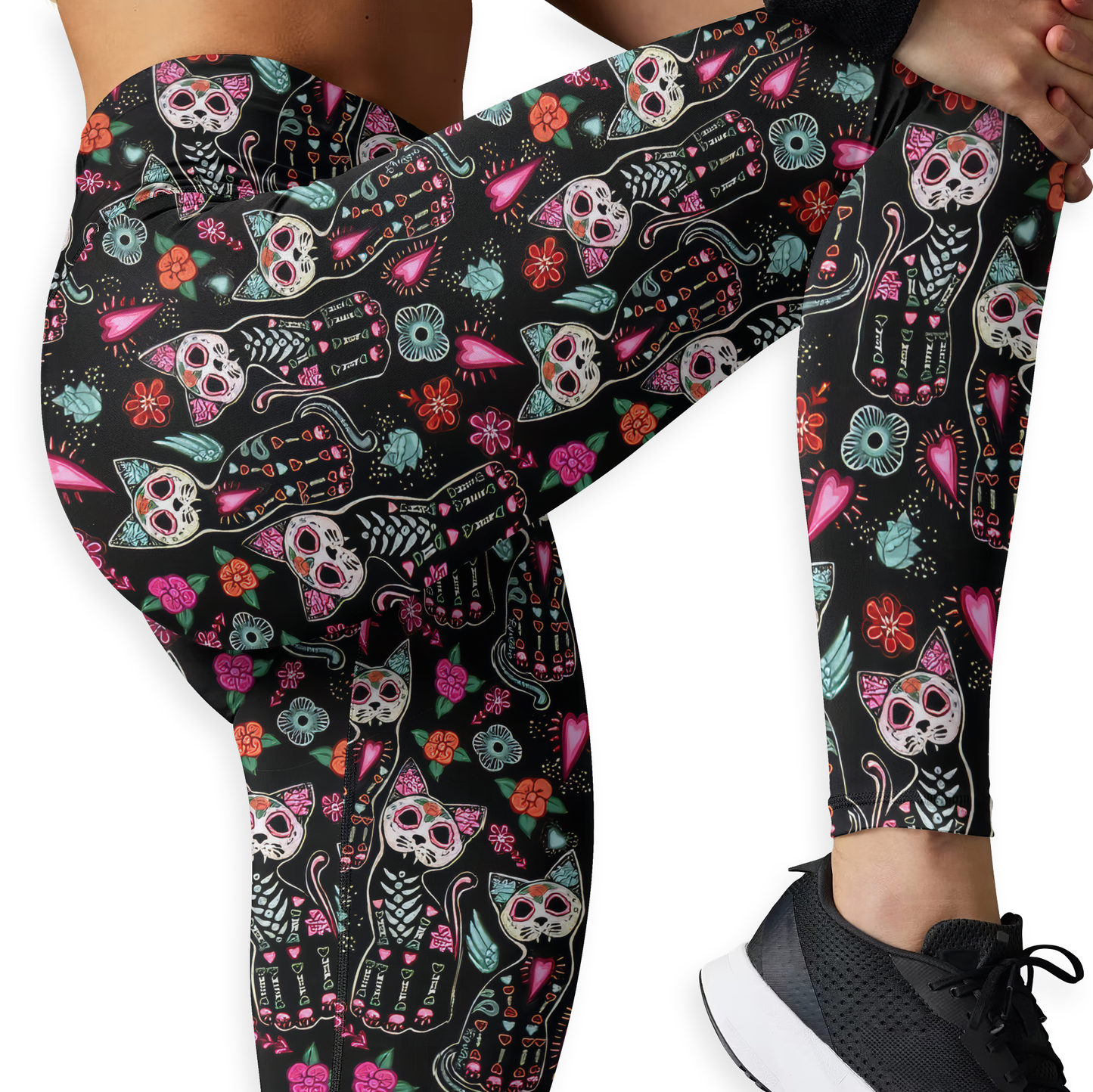 Sugar Skull Cat Leggings & Tank Top Set – Day of the Dead Workout Outfit for Women, Custom Choo