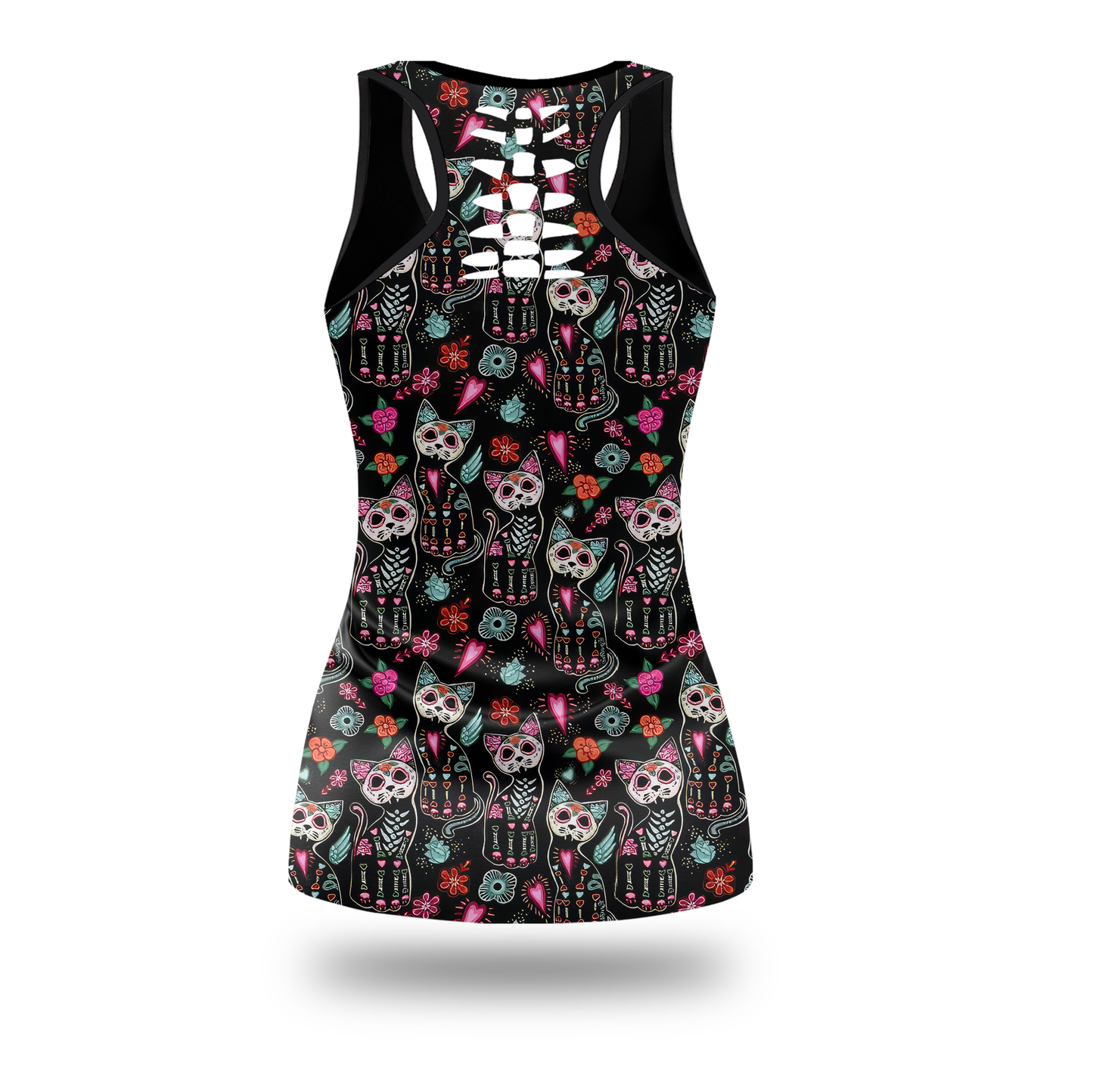 Sugar Skull Cat Leggings & Tank Top Set – Day of the Dead Workout Outfit for Women, Custom Choo