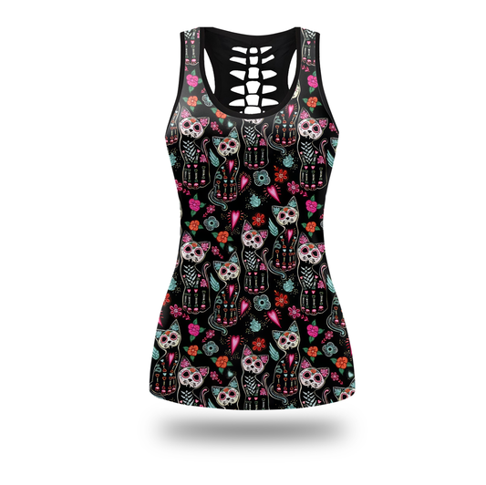 Sugar Skull Cat Leggings & Tank Top Set – Day of the Dead Workout Outfit for Women, Custom Choo