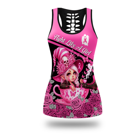 Personalized "Fight Like A Girl" Breast Cancer Awareness Hollow Tank Top and Leggings Set, Custom Choo
