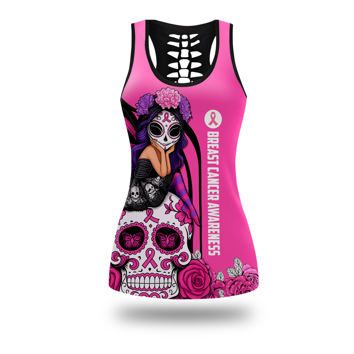 Breast Cancer Awareness Gothic Fairy on Sugar Skull "Fight Like A Girl" Combo Legging + Tanktop, Custom Choo
