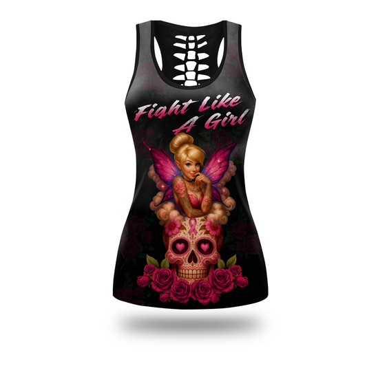 Personalized Breast Cancer Awareness "Fight Like A Girl" Fairy Sugar Skull Tank Top & Leggings Set, Custom Choo