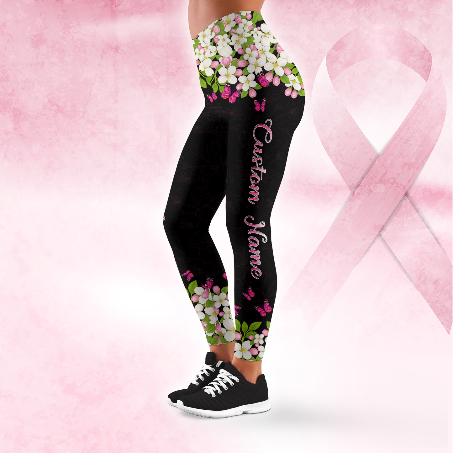 Personalized Floral Fight Like Warrior - Combo Legging Tanktop Breast Cancer Awareness