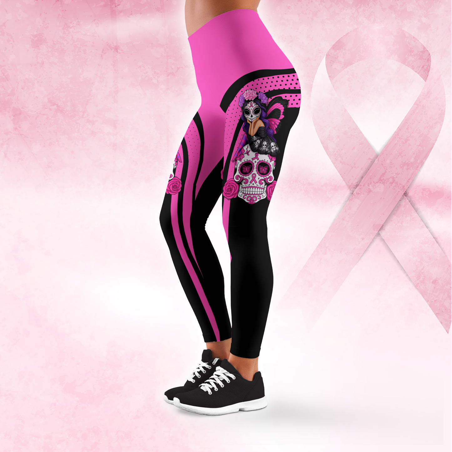 Breast Cancer Awareness Gothic Fairy on Sugar Skull "Fight Like A Girl" Combo Legging + Tanktop, Custom Choo