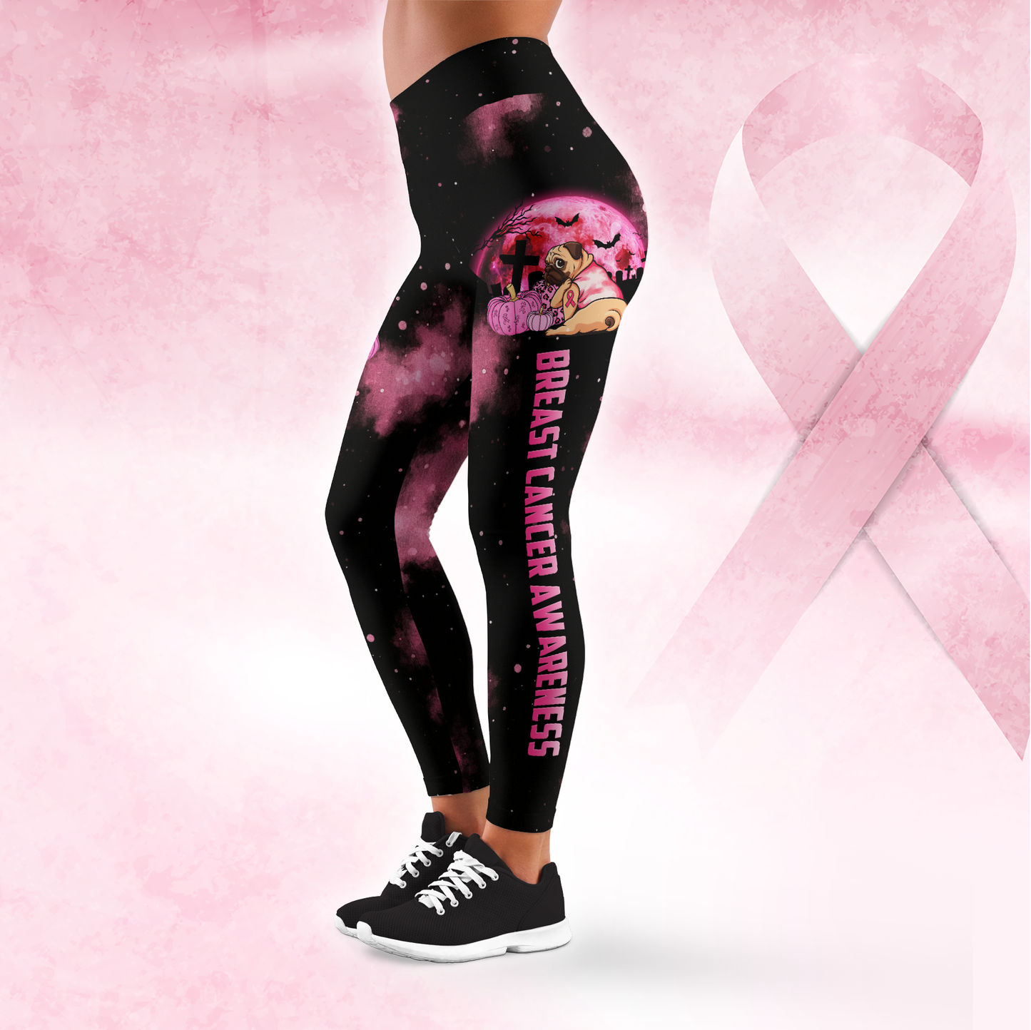 Pug Halloween Breast Cancer Awareness Leggings and Tank Top Set