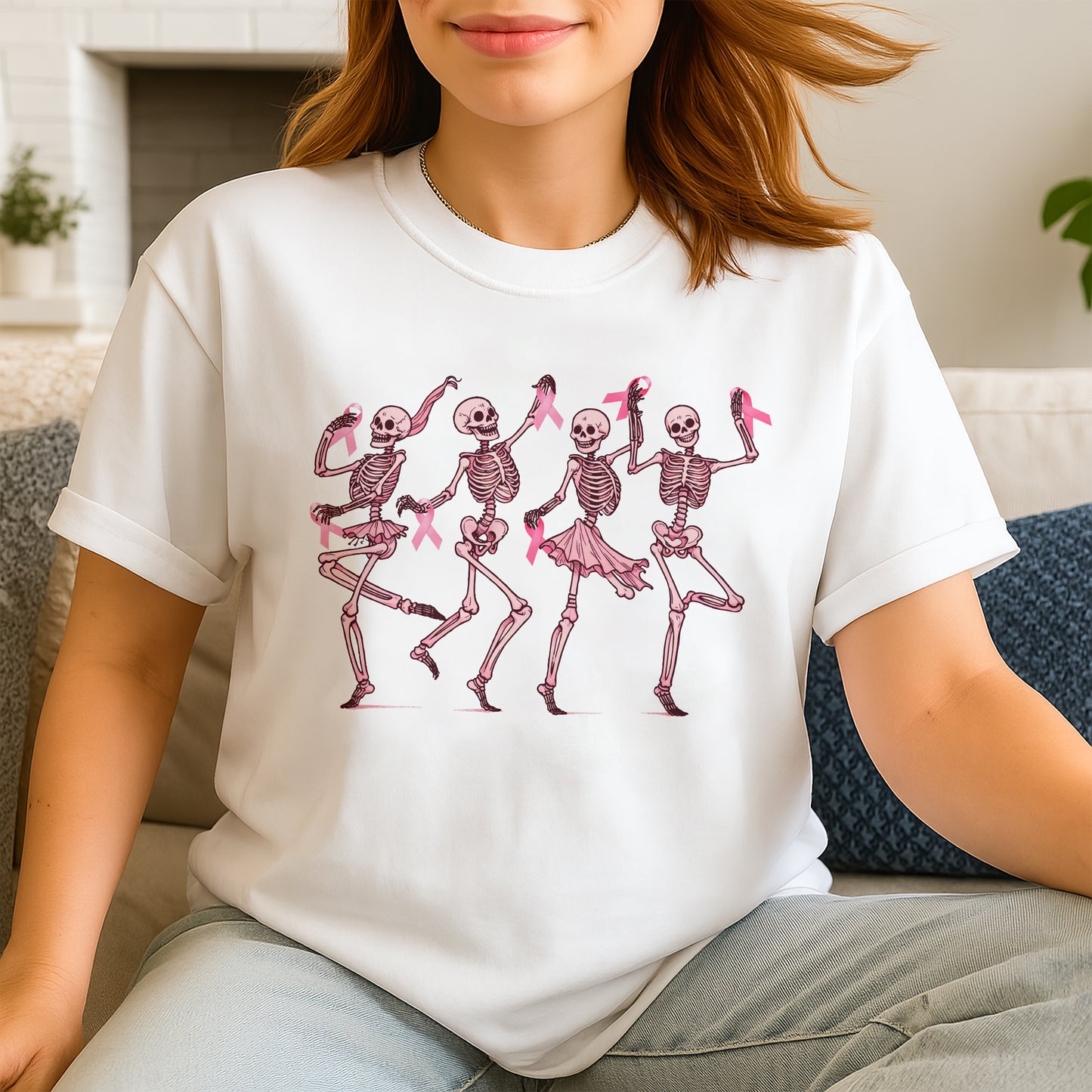 Breast Cancer Areness Shirt - Pink Ribbon Dancing Bone