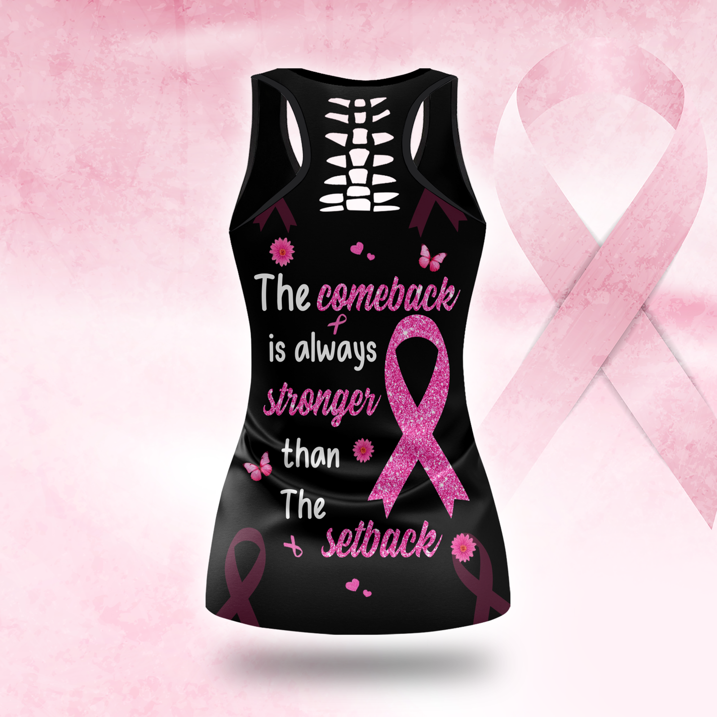 Personalized In October We Wear Pink Black Queen - Leggings and Hollow Tank Set, Custom Choo
