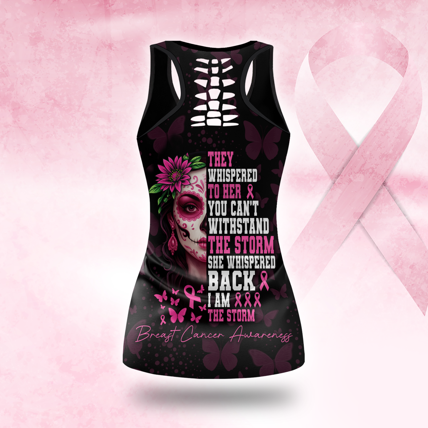 Personalized Pink Ribbon Floral Calavera & Butterfly Leggings and Tank Outfit