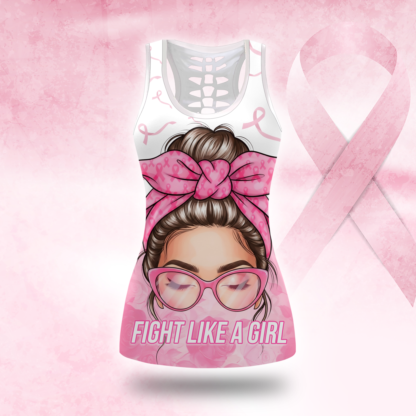 Personalized "Fight Like A Girl" Strong Woman Pink Bandana Leggings and Criss-Cross Tank Set