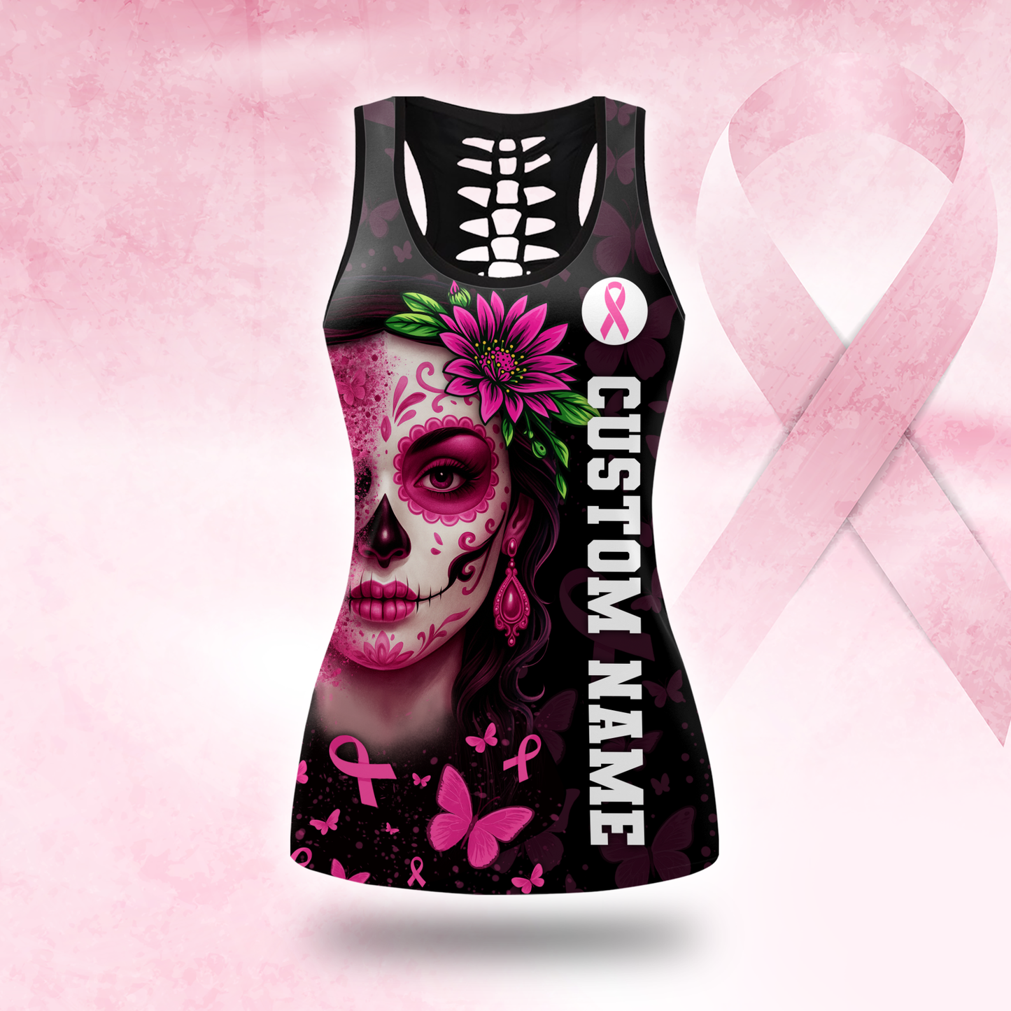 Personalized Pink Ribbon Floral Calavera & Butterfly Leggings and Tank Outfit