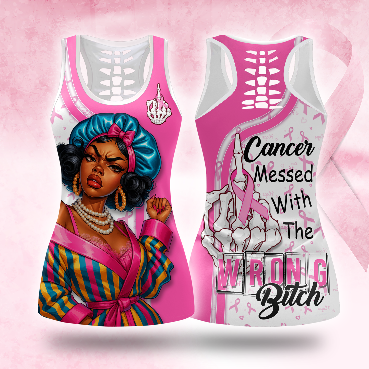 Personalized Black Woman Pink Ribbon Fighter Hollow Tank Top and Leggings Set, Custom Choo