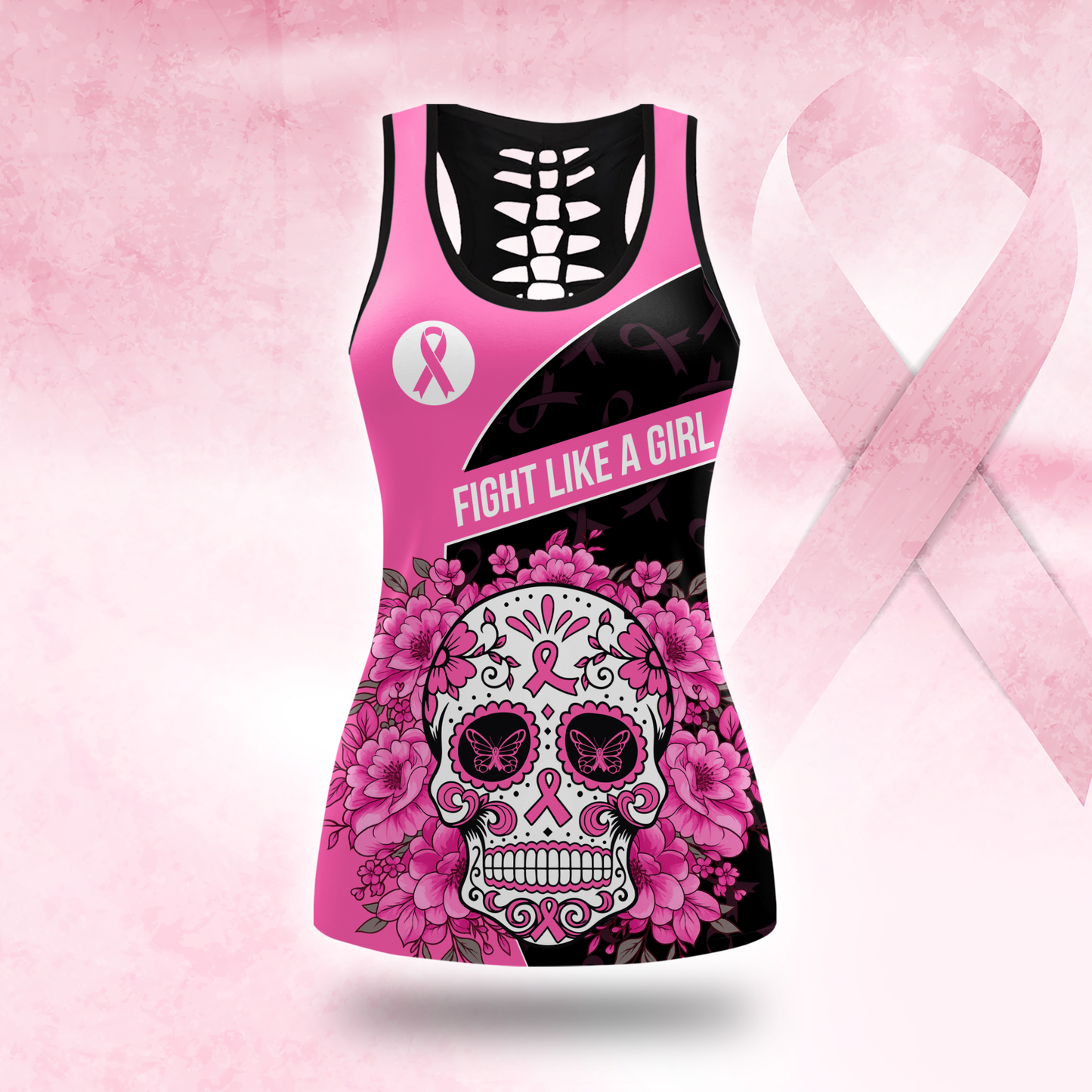 Personalized Pink Ribbon Floral Sugar Skull Leggings and Tank Outfit