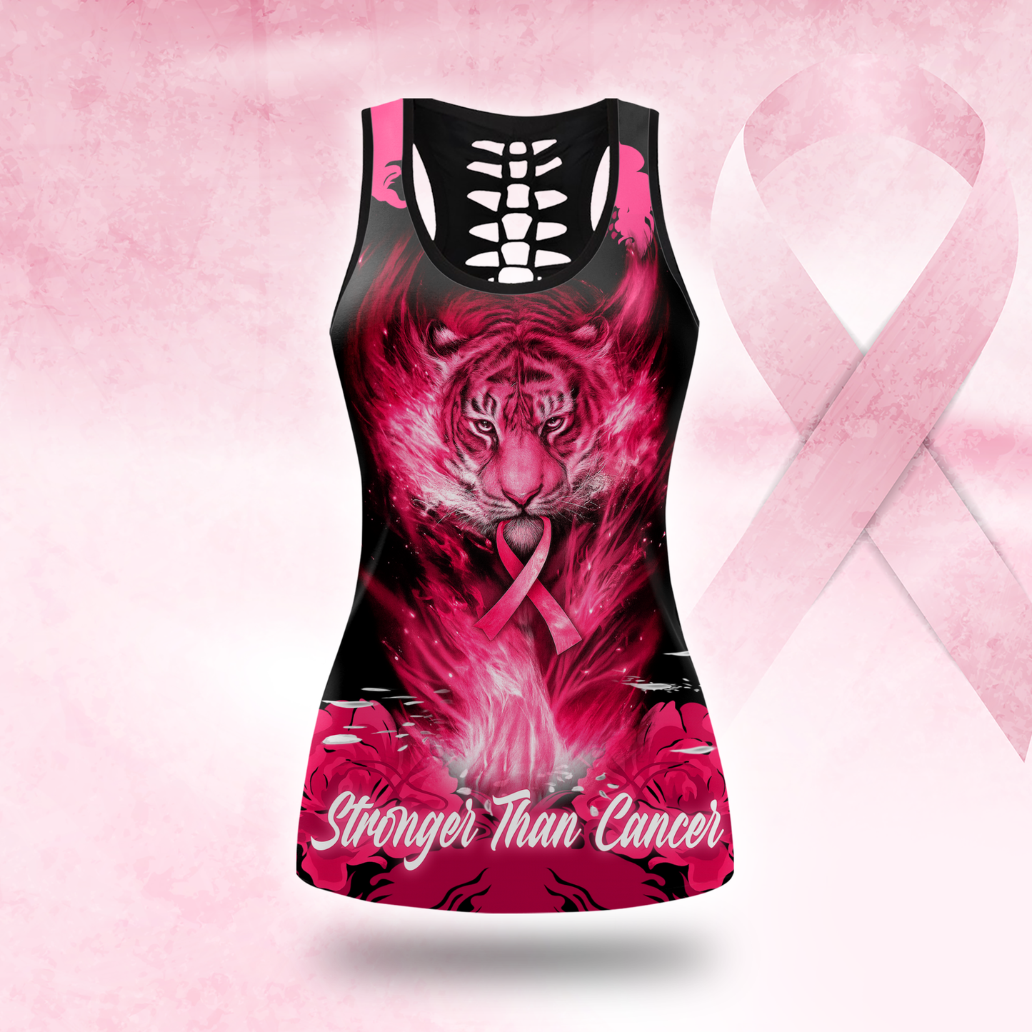 Fiery Tiger Pink Ribbon Warrior Leggings and Criss-Cross Tank Set, Custom Choo