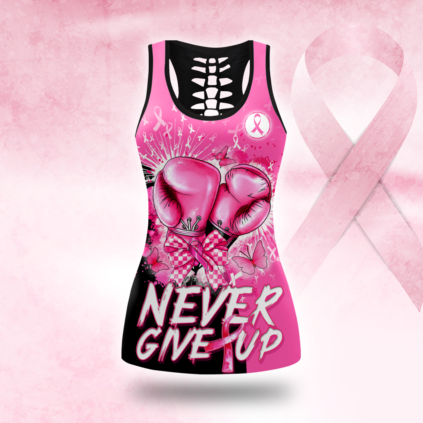 Personalized Pink Ribbon Fighter "Never Give Up" Leggings and Tank Outfit, Custom Choo