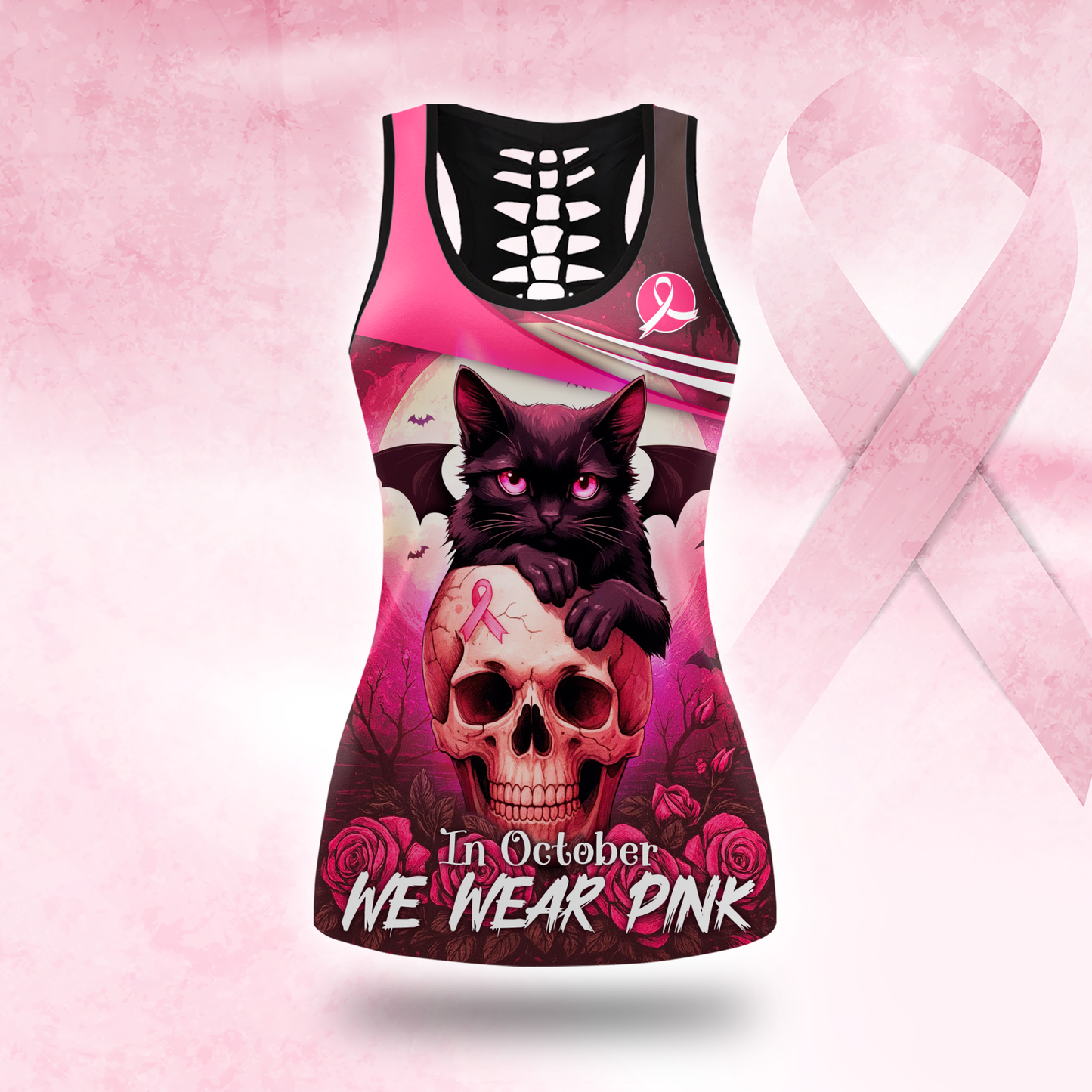 Custom Name "In October We Wear Pink" Black Cat Skull Leggings and Hollow Tank Top Set