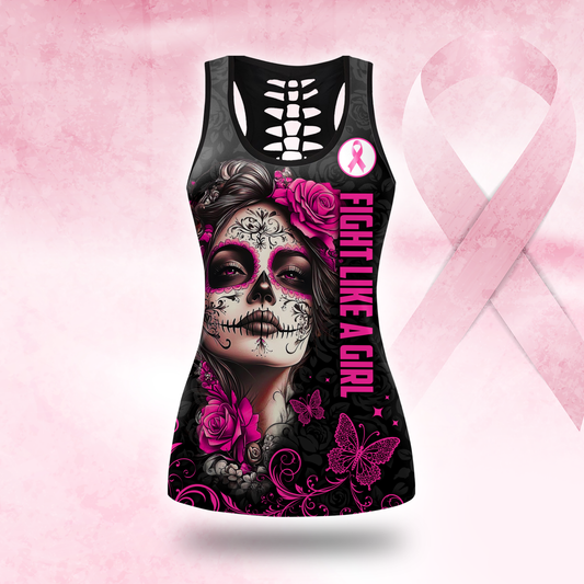 Breast Cancer Awareness Sugar Skull Legging and Hollow Tank Top Set, Custom Choo