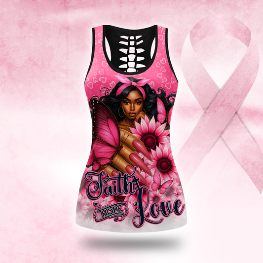 personalized black girl magic pink ribbon faith hope love ombre leggings and criss cross tank set, Custom Choo