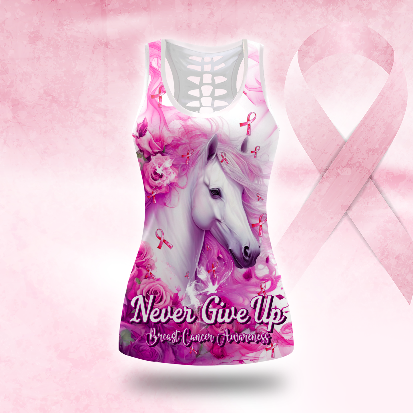 Personalized "Never Give Up" Pink Ribbon Workout Outfit, Custom Choo