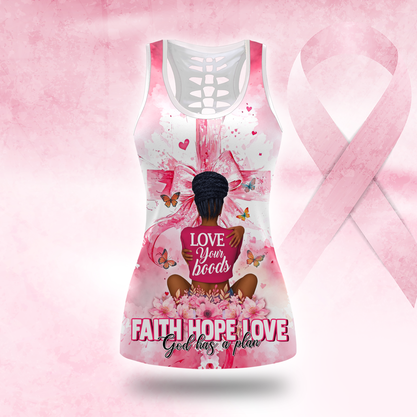 Personalized Breast Cancer Awareness Leggings and Hollow Tank Top Set, Custom Choo