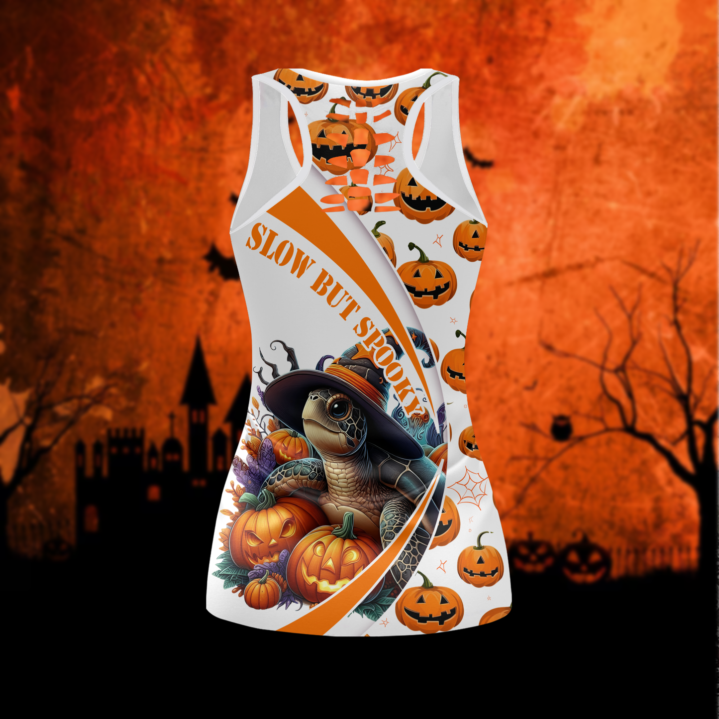 Personalized Turtle Halloween Outfit – Slow But Spooky Pumpkin Tank Top & Leggings Set, Custom Choo