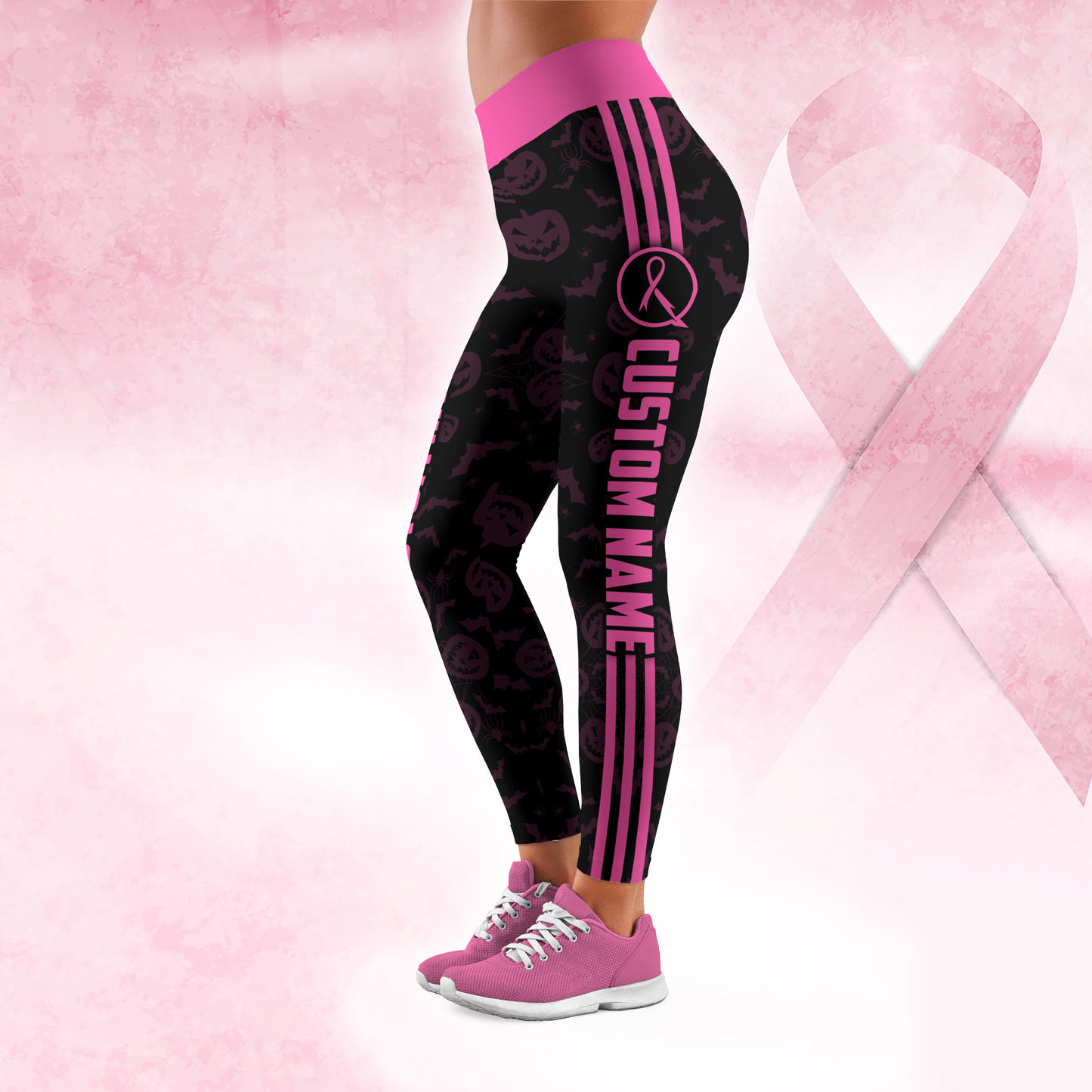 Personalized "Fight Like A Girl" Pink Halloween Pumpkin & Bat Leggings and Tank Outfit, Custom Choo