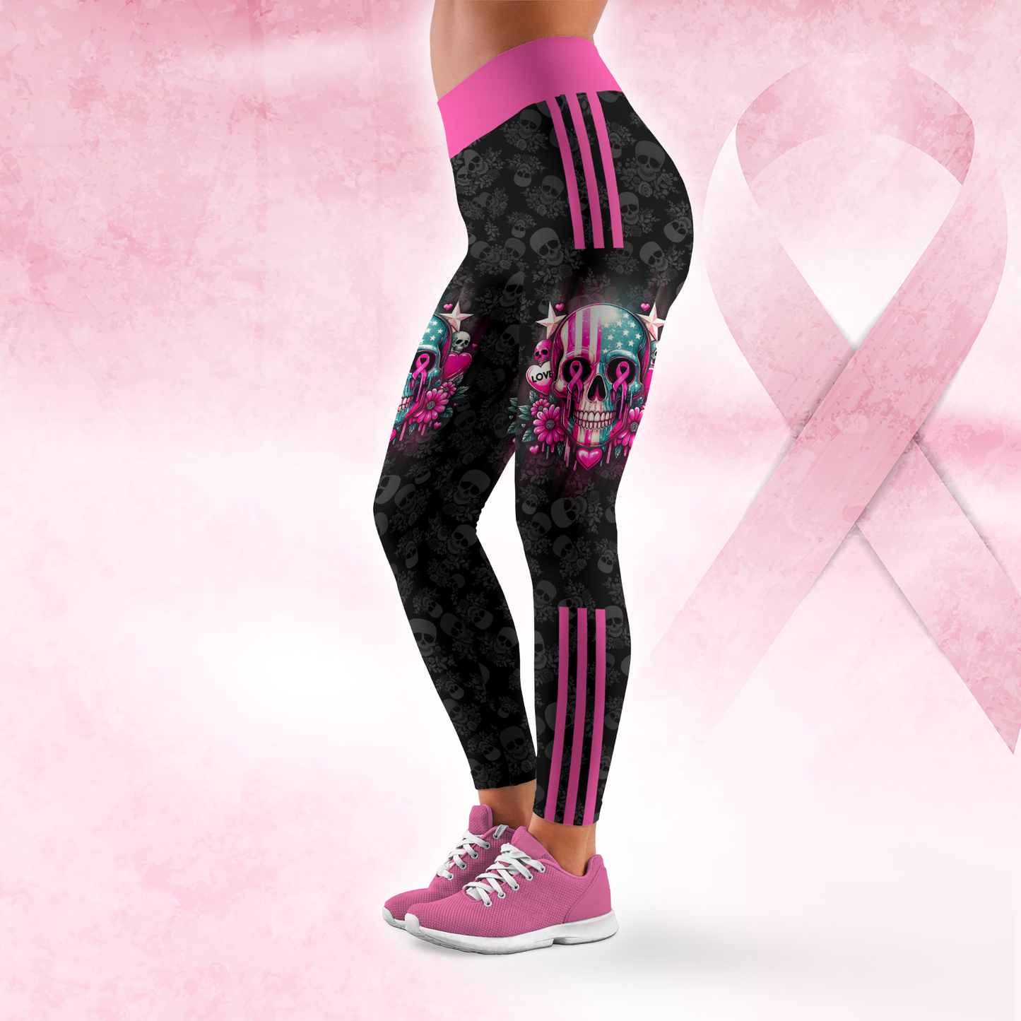Personalized Breast Cancer Sugar Skull - Combo Legging Tanktop Breast Cancer Awareness