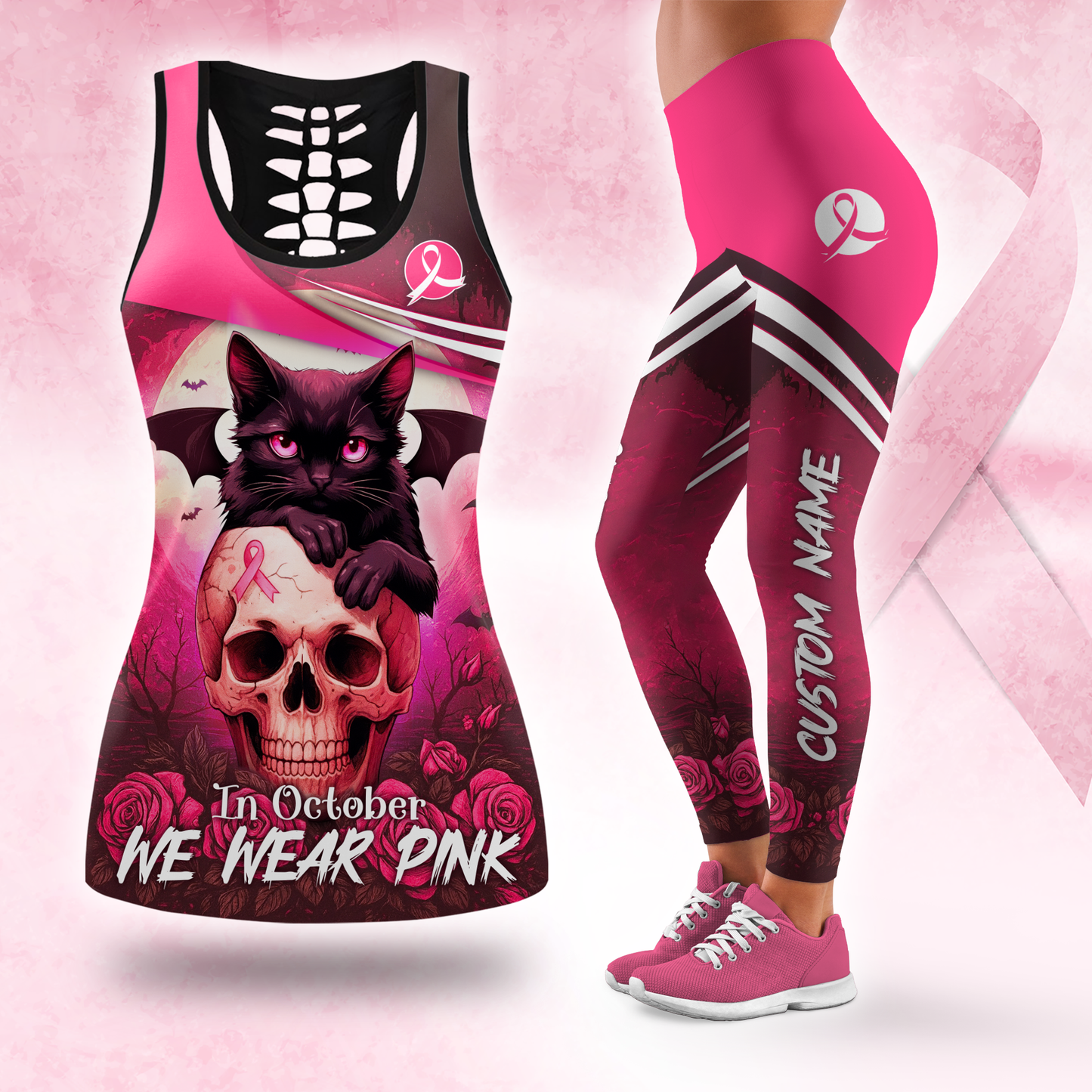 Custom Name "In October We Wear Pink" Black Cat Skull Leggings and Hollow Tank Top Set