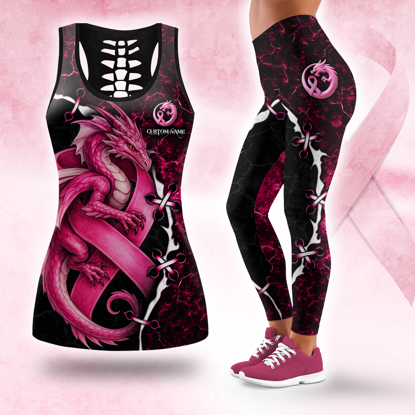 Breast Cancer Awareness Pink Dragon Tank Top and Leggings Set – Women’s Gym & Yoga Outfit, Custom Choo