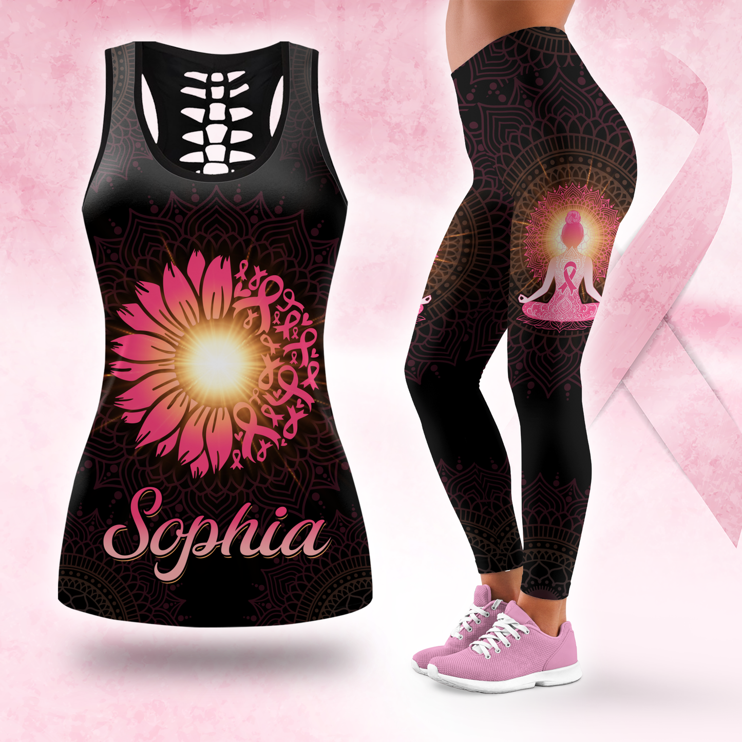 Custom Name Breast Cancer Awareness Outfit – Warrior Sunflower Yoga Girl Tank Top & Leggings Set