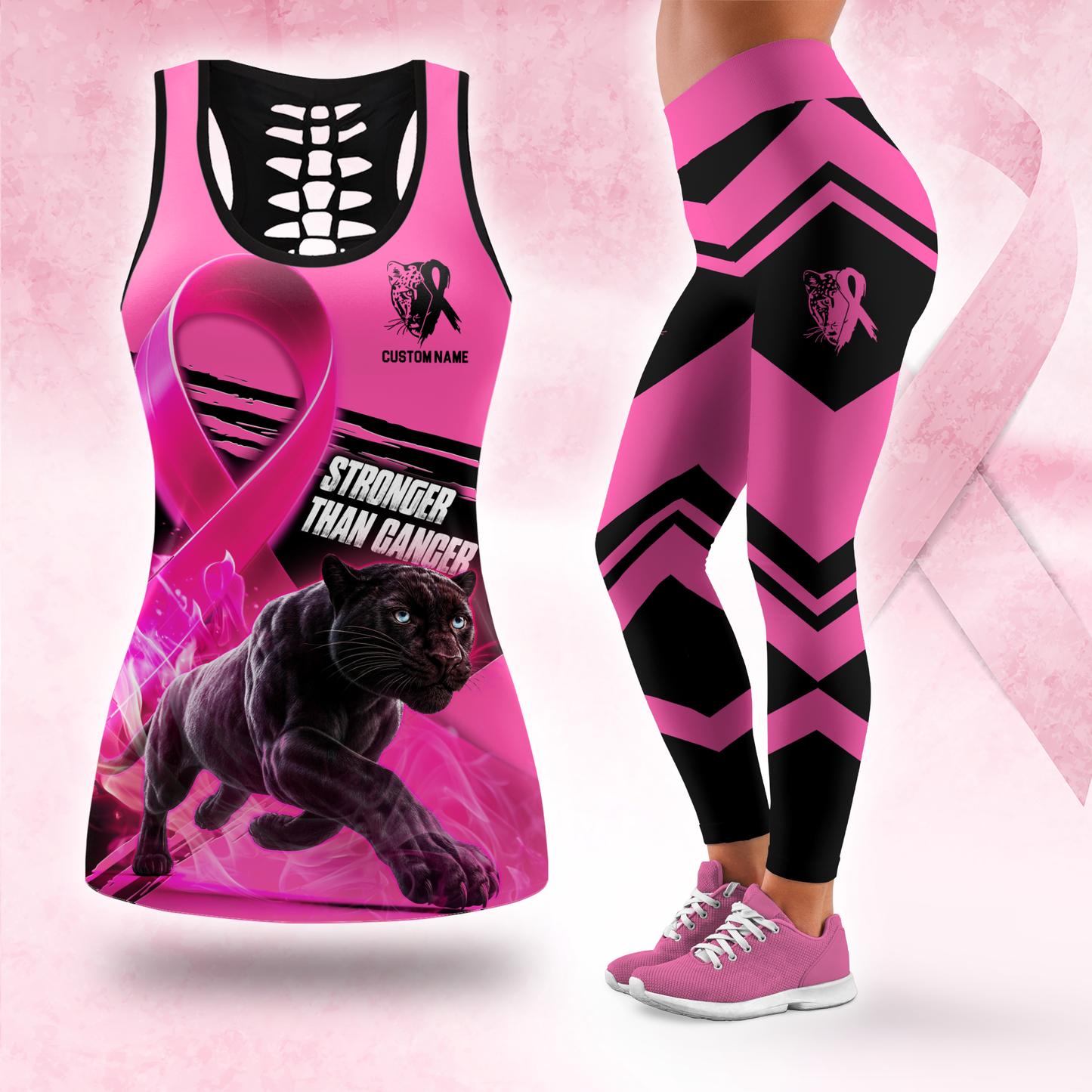 Personalized Stronger Than Cancer - Combo Legging Tanktop Breast Cancer Awareness