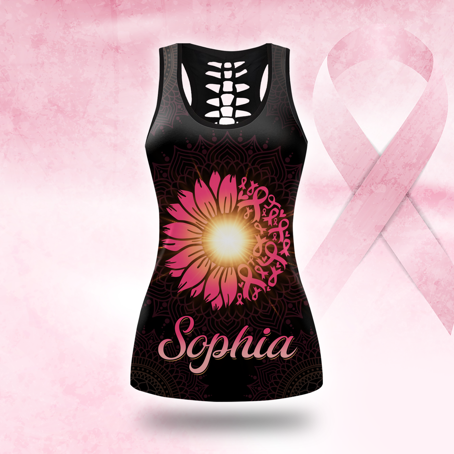 Custom Name Breast Cancer Awareness Outfit – Warrior Sunflower Yoga Girl Tank Top & Leggings Set