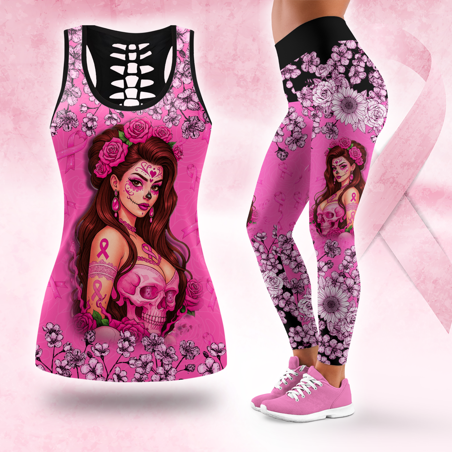 Fight Like A Girl Skull Floral - Combo Legging Breast Cancer Awareness