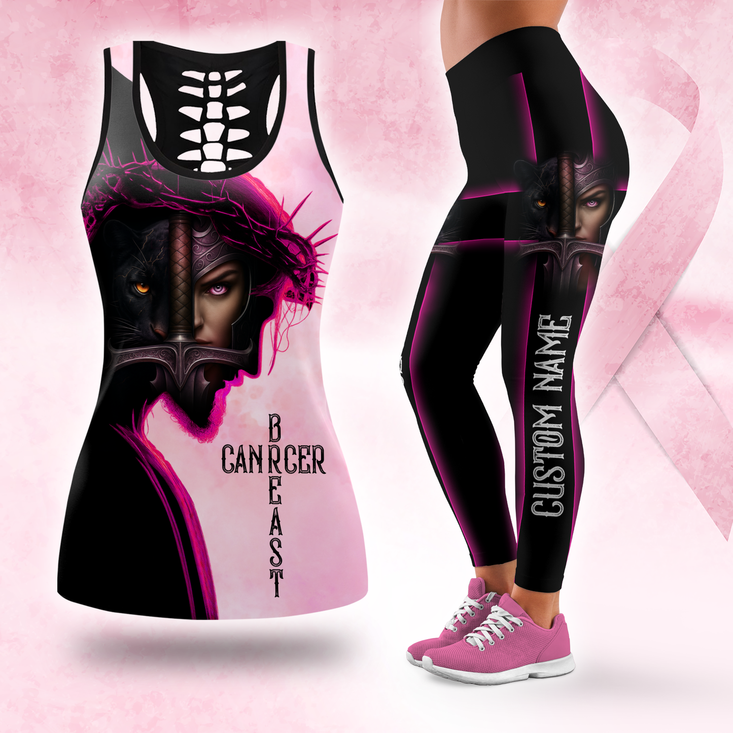 Personalized Breast Cancer "Cancer Beast" Leggings and Hollow Tank Set
