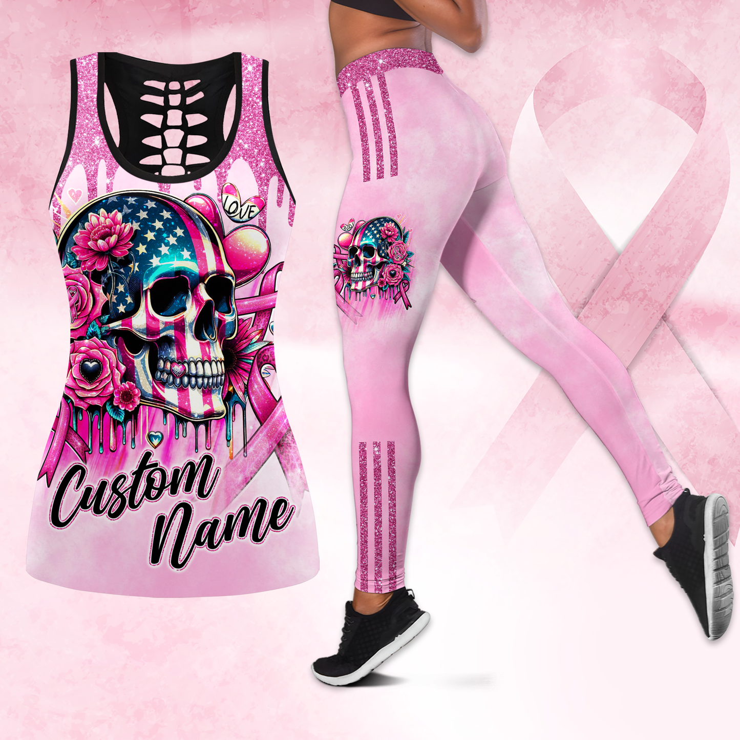 Fight Like A Girl, Breast Cancer Skull - Combo Legging Breast Cancer Awareness, Custom Choo