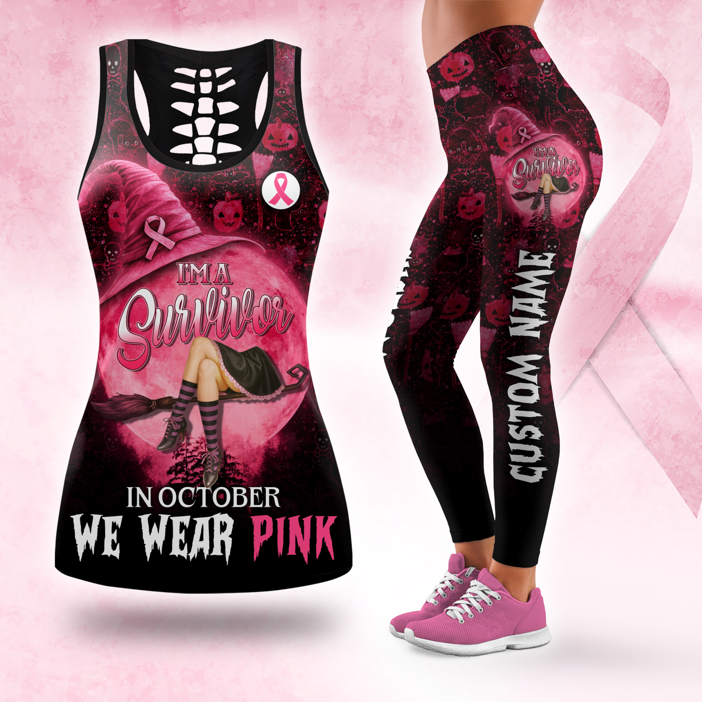 Personalized Breast Cancer Survivor Witch Leggings and Hollow Tank Set, Custom Choo
