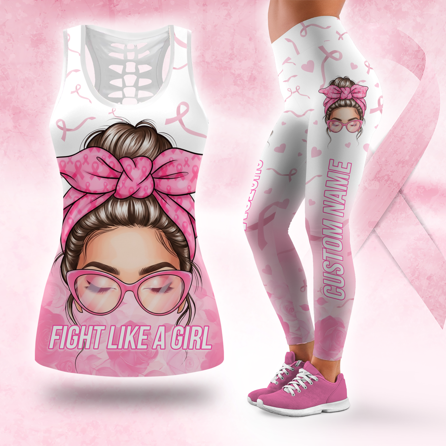 Personalized "Fight Like A Girl" Strong Woman Pink Bandana Leggings and Criss-Cross Tank Set