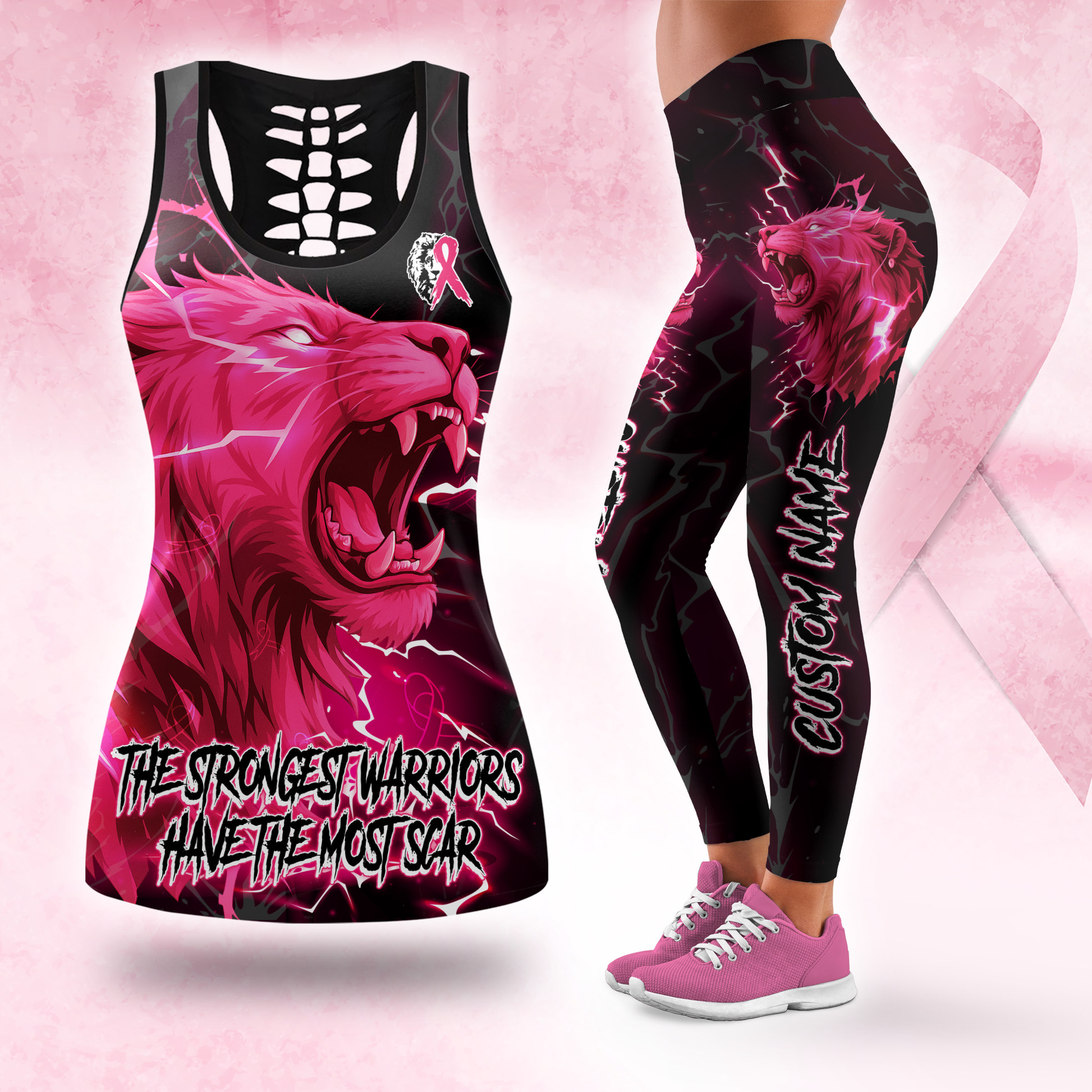 Breast Cancer Awareness Fierce Pink Lion & Lightning Leggings and Tank Outfit, Custom Choo