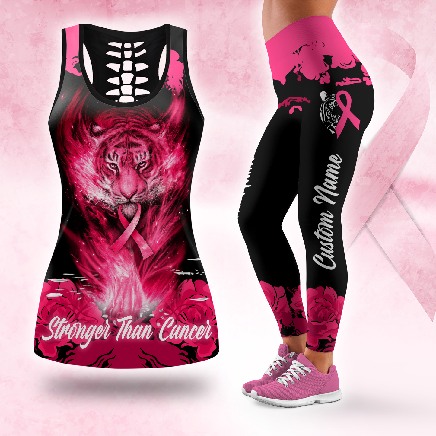 Fiery Tiger Pink Ribbon Warrior Leggings and Criss-Cross Tank Set, Custom Choo